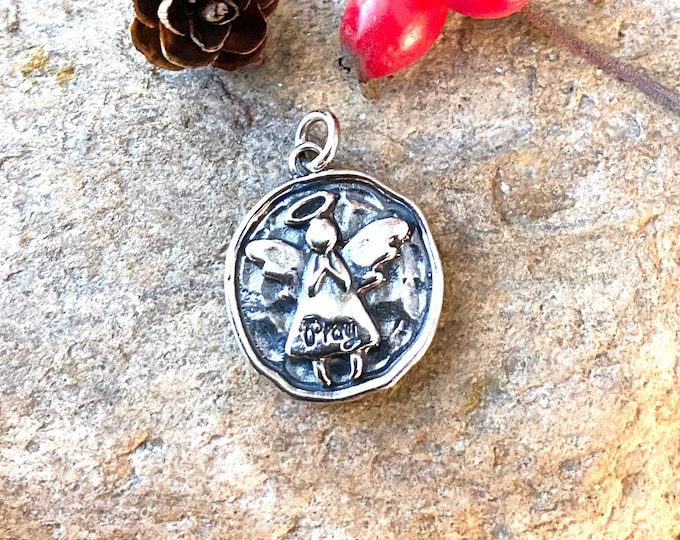 Sterling Silver Antique Finish Angel “Pray” Charm Pendant