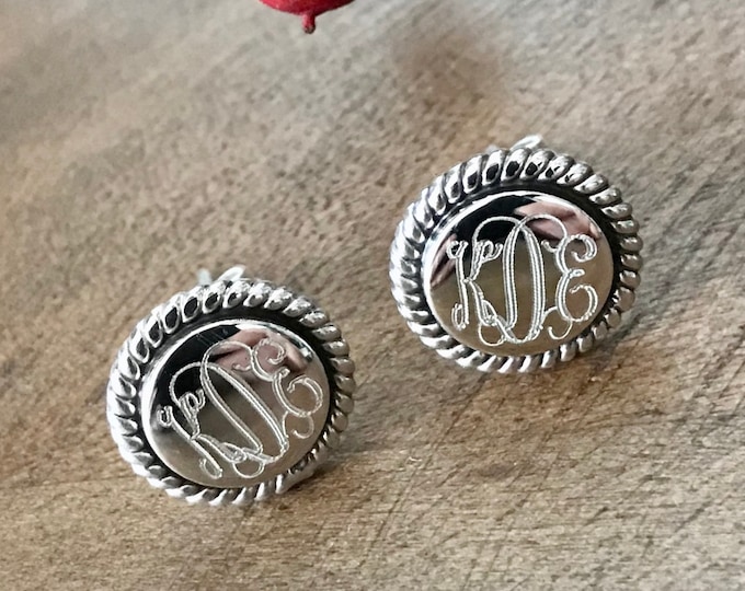 Sterling Silver Monogrammed Round Stud Earrings with Rope Accent