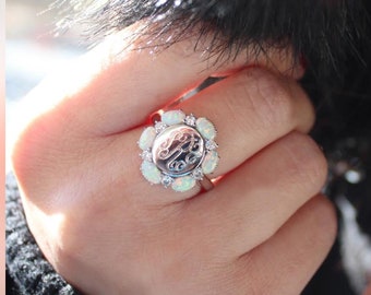 Elegant Sterling Silver Opal Monogrammed Ring