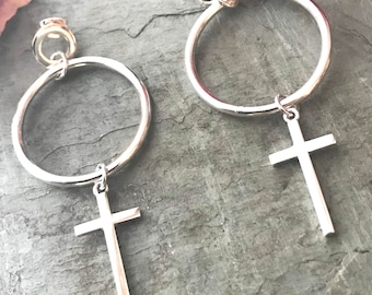 Sterling Silver Large Long Cross Earrings