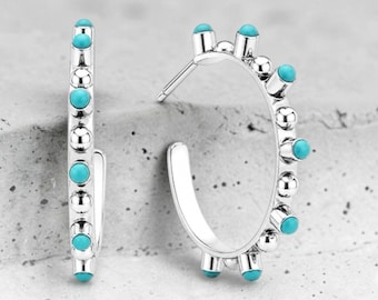 Sterling Silver 925 and Turquoise Hoop Earrings