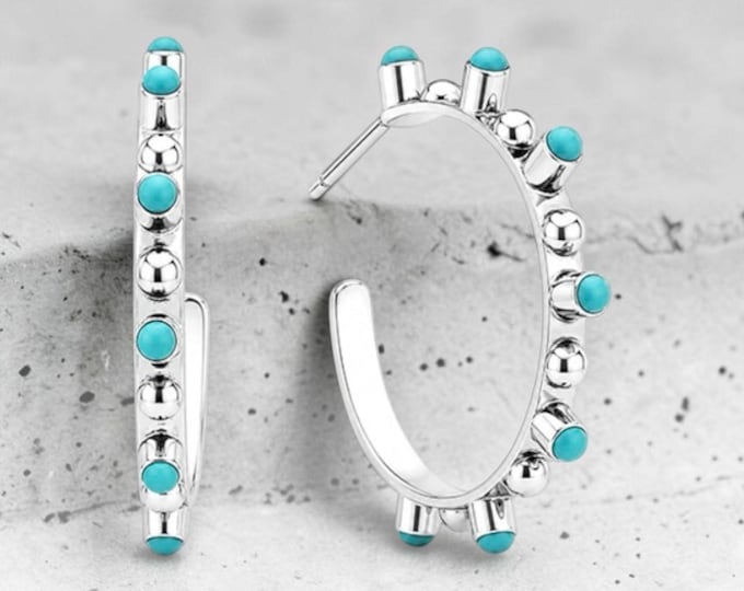 Sterling Silver 925 and Turquoise Hoop Earrings