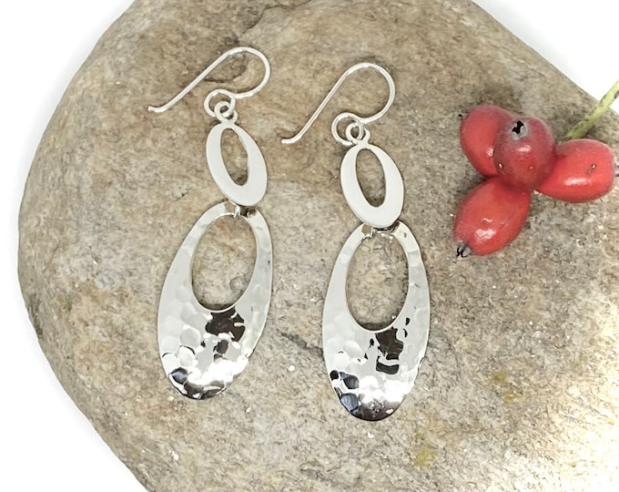 Long Hammered Double Oval Sterling Silver Earrings