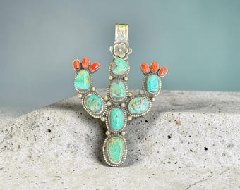 Turquoise and Brass Cactus Pendant