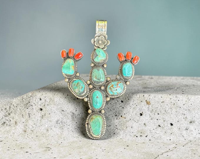 Turquoise and Brass Cactus Pendant