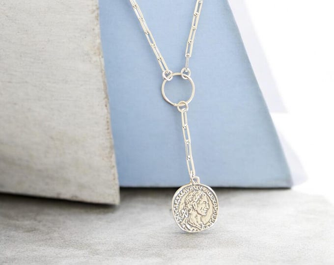Sterling Silver Lariat Necklace with Coin Medallion Drop Pendant