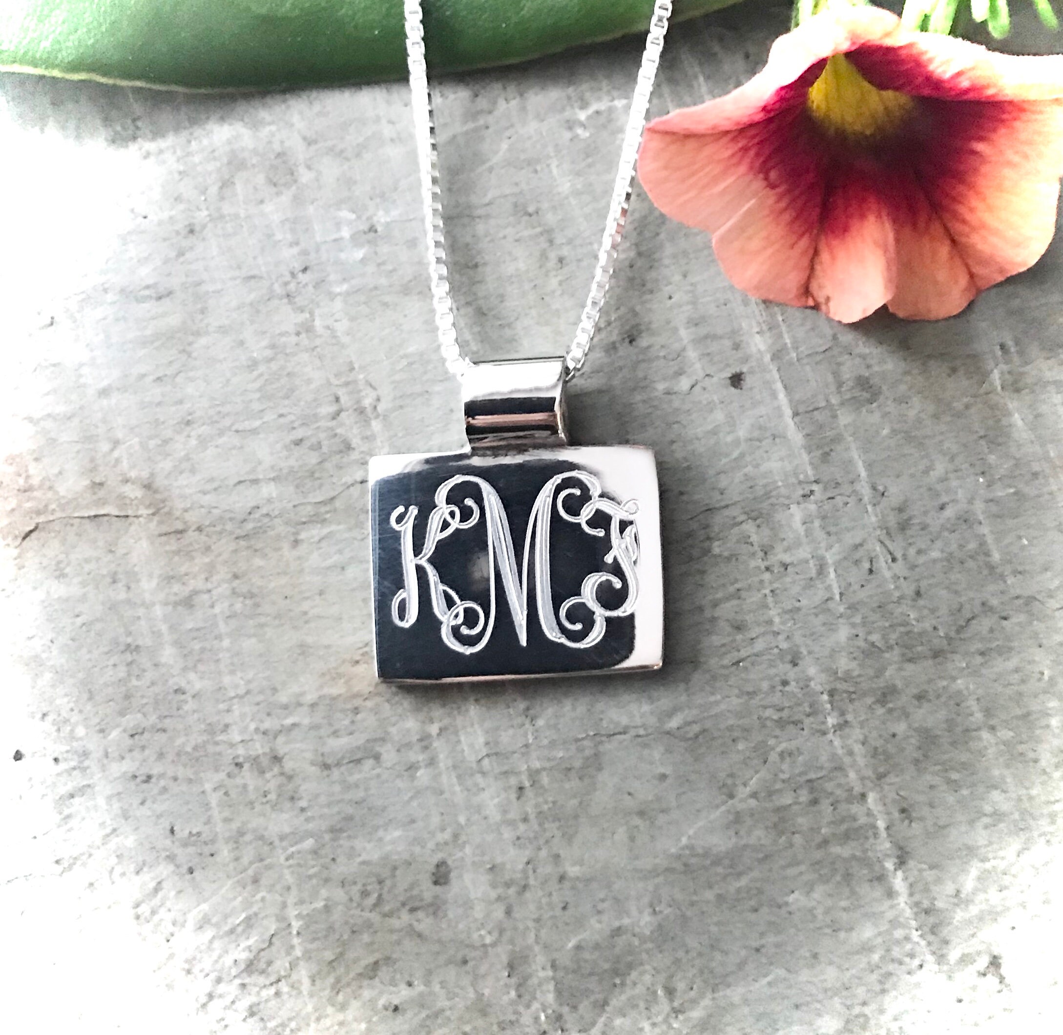 Monogrammed Sterling Silver Rectangle Pendant Necklace