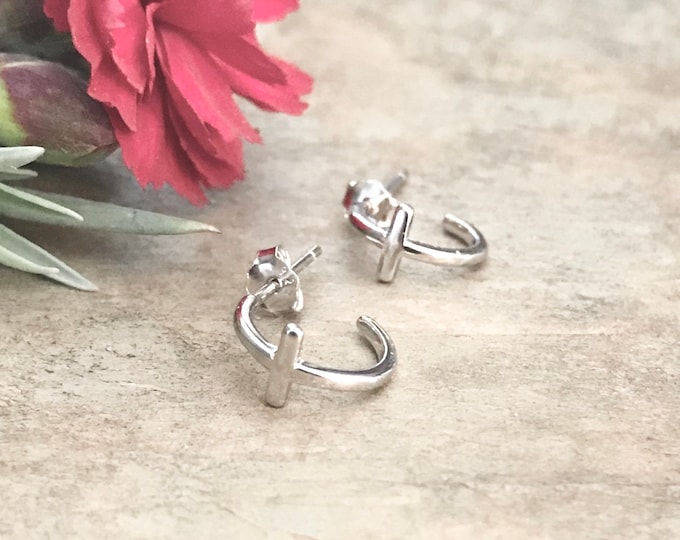 Sterling Silver Tiny Cross Hoop Earrings