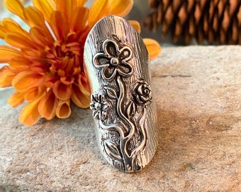 Long Sterling Silver Flower Adorned  Ring