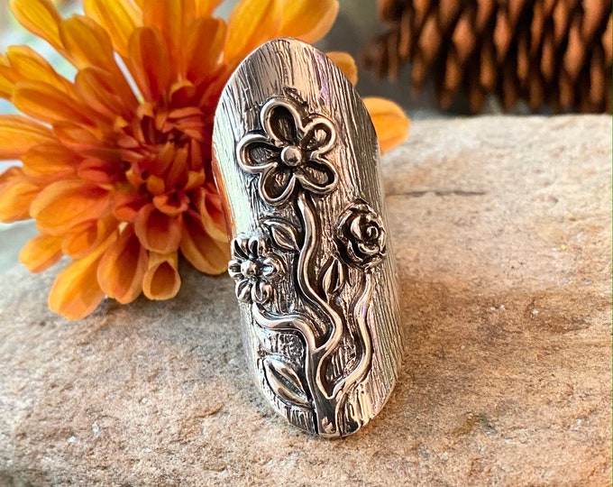 Long Sterling Silver Flower Adorned  Ring