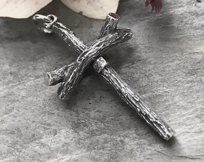 Sterling Silver Oxidized Tree Branch Cross Pendant
