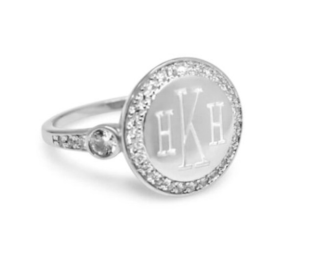 Sterling Silver 925 Monogrammed Ring Round with CZ Halo