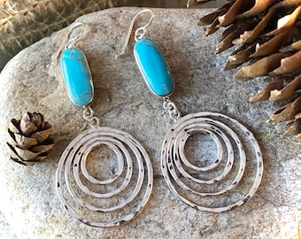 Sterling Silver Long Turquoise and Spiral Earrings