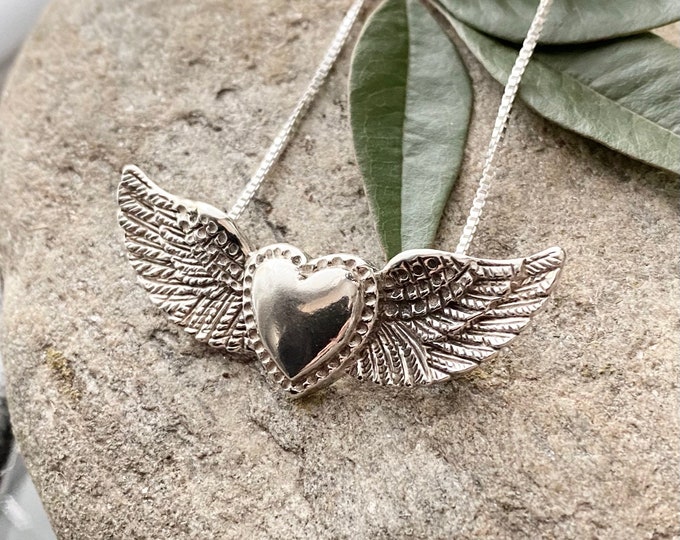 Sterling Silver Antique Finish Heart with Wings Necklace