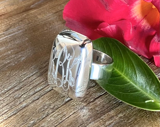 Sterling Silver Large Monogram Ring-Rectangle