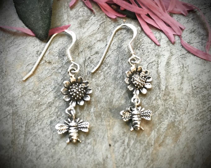Sterling Silver Bee and Flower Earrings