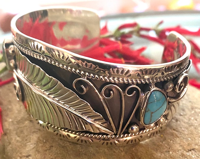 Sterling Silver Southwestern Style Feather Adorned Turquoise Cuff Bracelet
