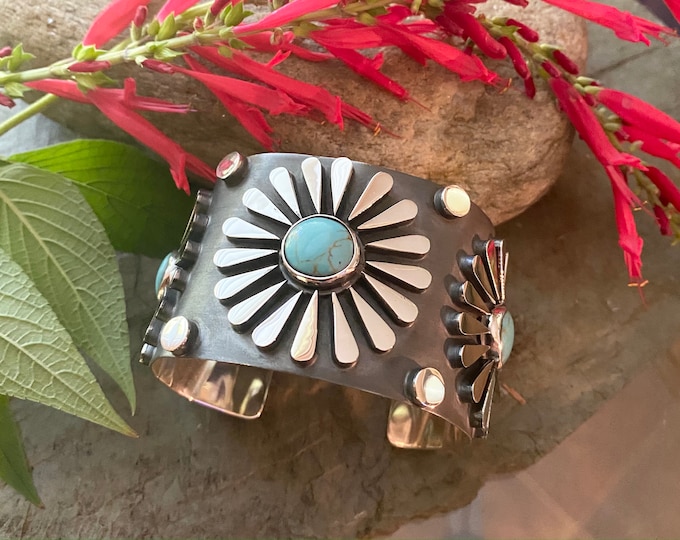 Sterling Silver Southwestern Style Flower Turquoise Cuff Bracelet