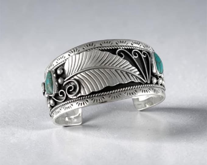 Sterling Silver Southwestern Style Turquoise Feather Design Cuff Bracelet