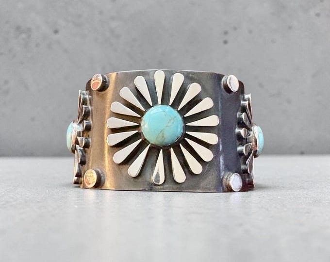 Sterling Silver Southwestern Style Sunflower and Turquoise Cuff Bracelet