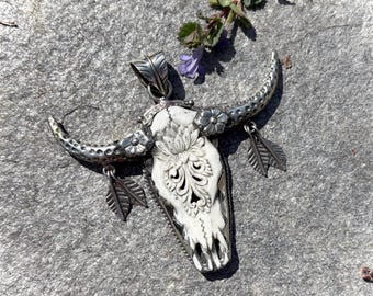 Bone and Ornate Brass Steer Pendant