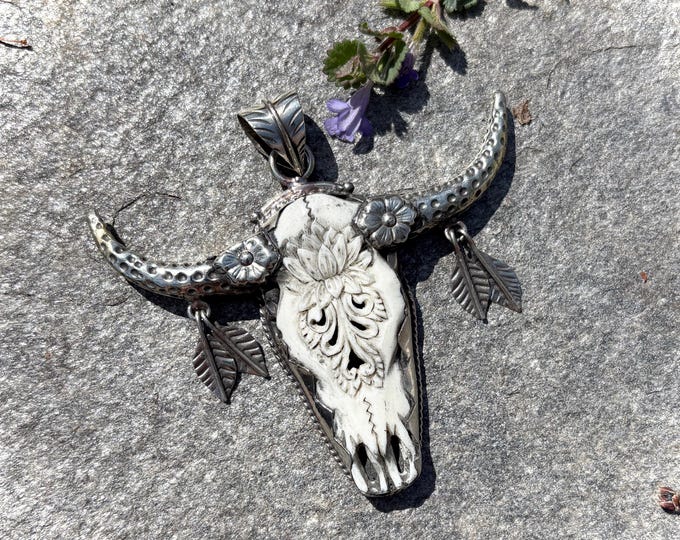 Bone and Ornate Brass Steer Pendant