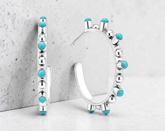 Turquoise Accented Hoop Earrings in Sterling Silver
