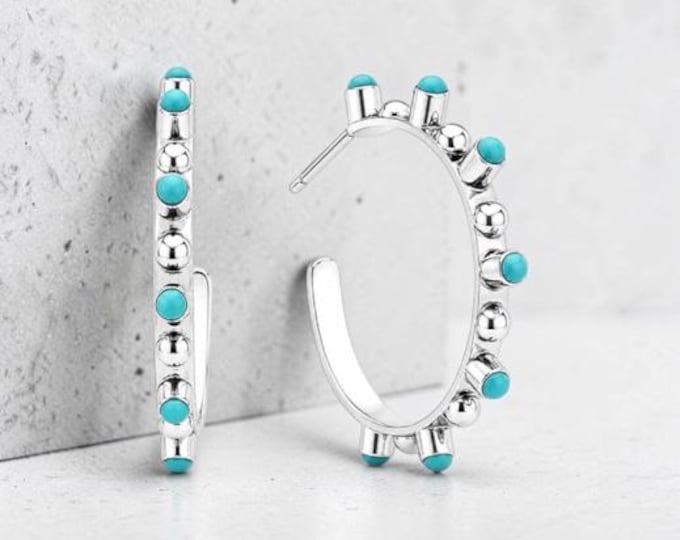 Turquoise Accented Hoop Earrings in Sterling Silver