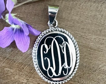 Sterling Silver Monogrammed Necklace with Rope Accented Oval Pendant