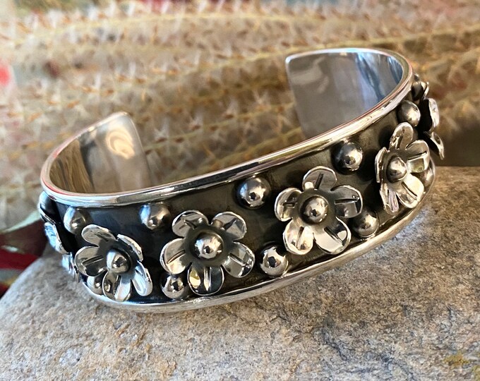 Sterling Silver Southwestern Style Flower Cuff Bracelet