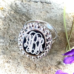 Sterling Silver Monogrammed Oval Ring with Beaded Accents