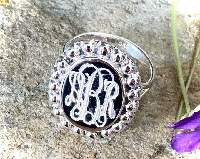 Sterling Silver Monogrammed Oval Ring with Beaded Accents