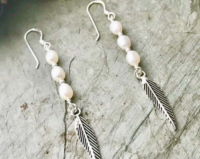 Sterling Silver Feather and Freshwater Pearl Earrings