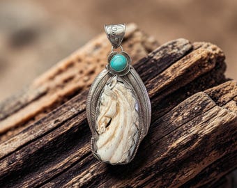 Bone Brass and Turquoise Carved Horse Pendant