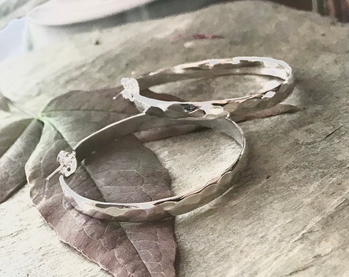 Hammered Large Hoop Earrings in Sterling Silver