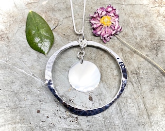 Large Round Hammered Sterling Silver Orbit Monogram Necklace