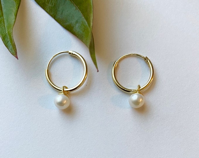 Gold over Sterling Silver Hoop Earrings with Pearl Dangle