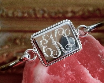 Sterling Silver Rectangle Monogrammed Initials Bracelet with Rope Edge