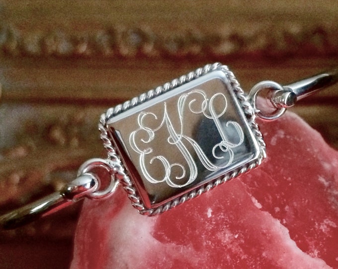Sterling Silver Rectangle Monogrammed Initials Bracelet with Rope Edge