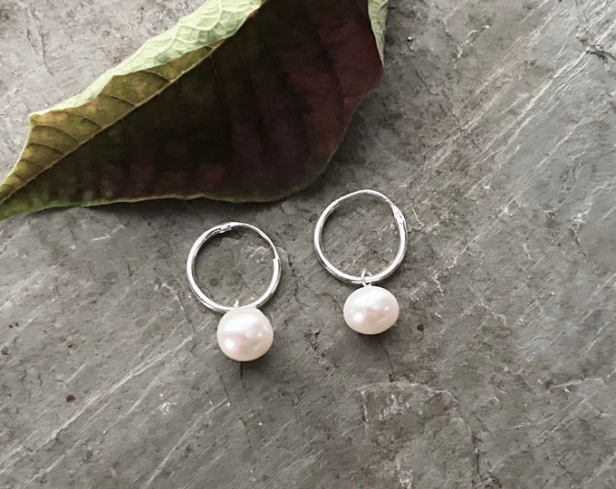 Sterling Silver Hoop Earrings with Pearl Dangle