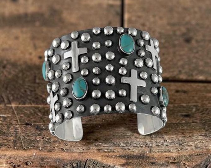 Sterling Silver Southwestern Style Cross and Turquoise Cuff Bracelet