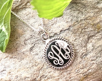 Monogrammed Sterling Silver Necklace with 18MM Round Rope Accented Pendant and Chain