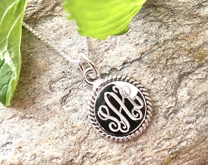 Monogrammed Sterling Silver Necklace with 18MM Round Rope Accented Pendant and Chain