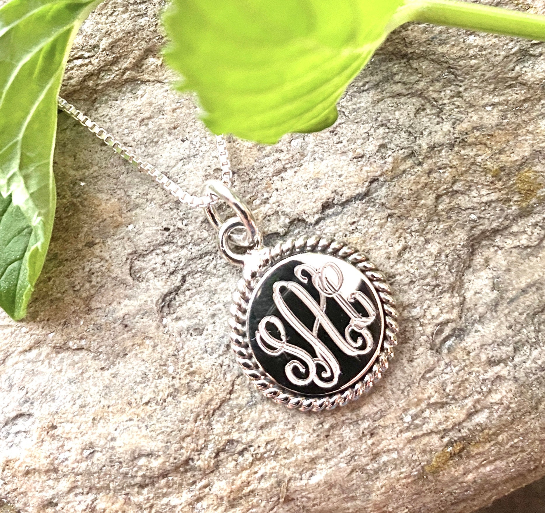 Monogrammed Sterling Silver Necklace with 18MM Round Rope Accented