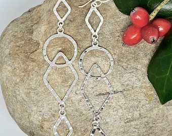 Long Hammered Geometric Shapes Sterling Silver Earrings