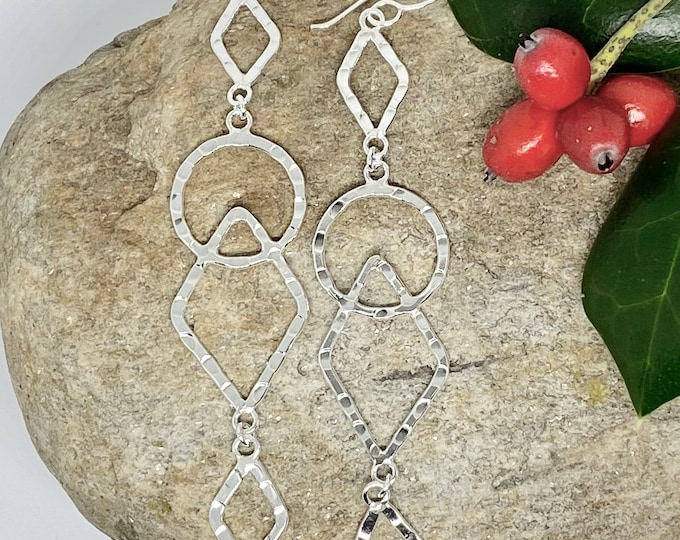 Long Hammered Geometric Shapes Sterling Silver Earrings