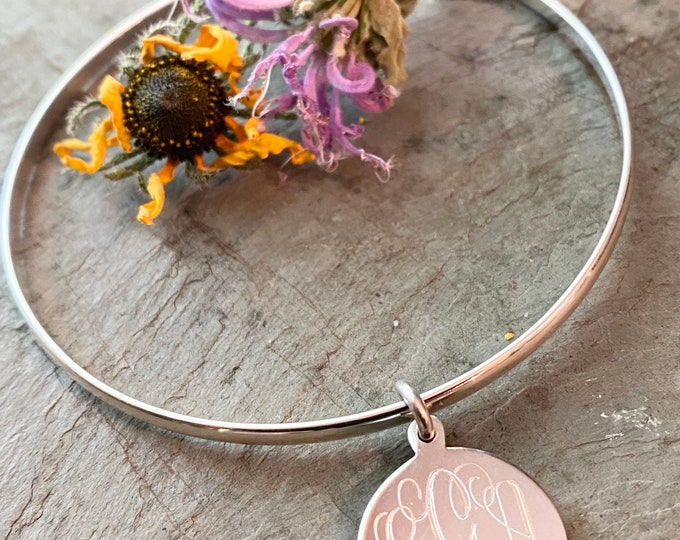 Sterling Silver Monogrammed Bangle Bracelet with Round Pendant