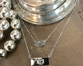 Monogrammed Sterling Silver Drusy and Bar Layered Necklace