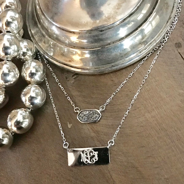 Monogrammed Sterling Silver Drusy and Bar Layered Necklace