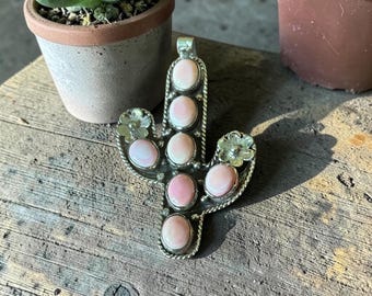 Pink Conch She’ll and Brass Cactus Pendant